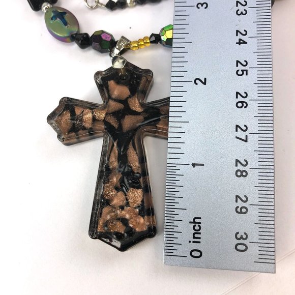 Necklace Set Cross Pendant Black & Copper Glass Bead with Earrings - Picture 3 of 6